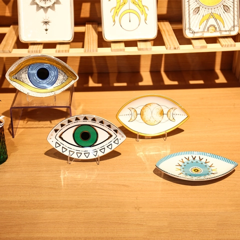 Plato Para Joyas Ojo Turco Fases Lunares Cerámica Bandeja Decorativa Borde Dorado Ovalado Organizador Entrada Regalo Mujer