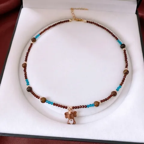 Collana Di Perline Con Ciondolo A Forma Di Elefante Retrò Perline In Vetro Occhio Di Tigre Zircone Cuore