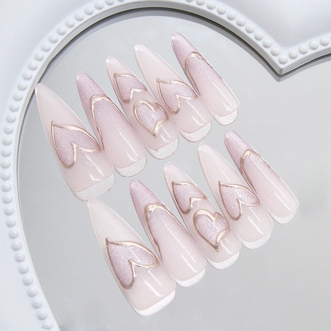 Press On Nails Cat Eye Dreamy Purple 3D Heart Design Stiletto Shape Reusable ABS Plastic Handmade False Nails For Women