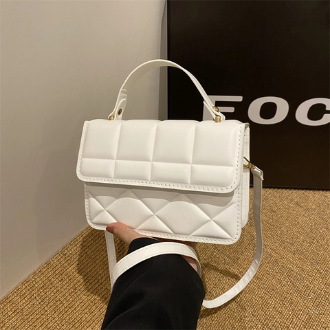 Women Quilted Rhombus Handbag PU Leather Small Square Crossbody Bag With Top Handle Golden Hardware Trendy Versatile