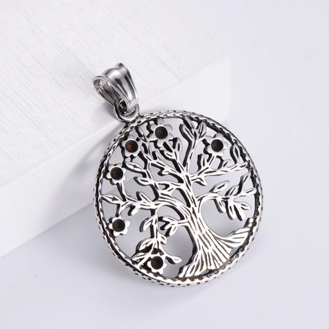 Tree Of Life Pendant Necklace Round Hollow 304 Stainless Steel Retro Punk Jewelry For Men Women