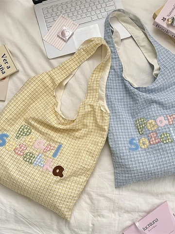 Damen Koreanische Karierte Tragetasche Gingham Stoff Umhängetasche Mit Bunten Buchstaben Stickerei Große Kapazität Süß