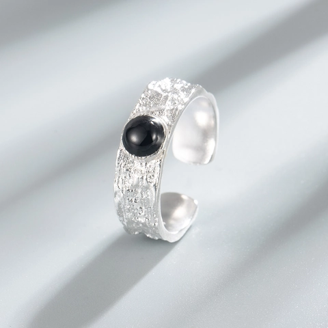 925 Sterling Silver Open Adjustable Ring Minimalist Irregular Hammered Texture Black Stone Finger Ring Jewelry For Women
