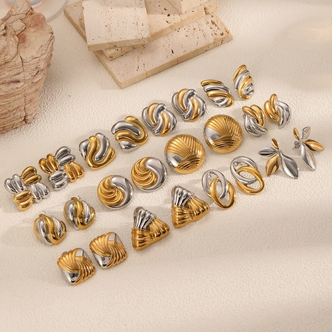 Geometric Hoop Stud Earrings Two Tone 18K Gold Plated Stainless Steel Vintage Fashion Jewelry For Women