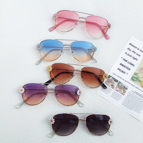 Kids Aviator Sunglasses Metal Frame Gradient Lens Daisy Flower Decoration For Girls Fashion UV400 Eyewear