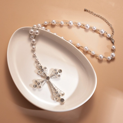 Collana Con Pendente A Croce Barocca In Lega Con Strass E Künstliche Perle Sintetiche Catena Di Perline Gioielli Vintage Eleganti Da Donna