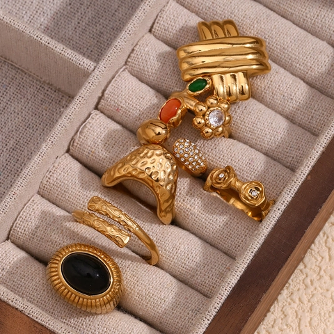 Anillo Ajustable Vintage De Acero Inoxidable Para Mujer Chapado En Oro De 18K Textura Martillada Flor De Rosa Gema Geométrica