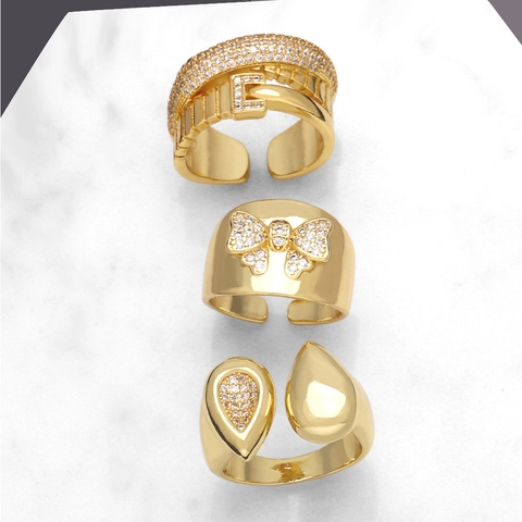Vintage Gold Plated Copper Open Rings With Zircon Bowknot Belt Buckle Teardrop Designs Adjustable Finger Jewelry For Women