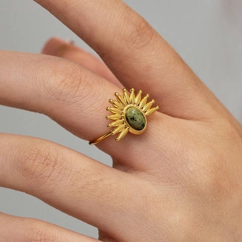 Vintage Sunburst Open Ring For Women Gold Plated Stainless Steel With Oval Natural Stone Adjustable Bohemian Jewelry