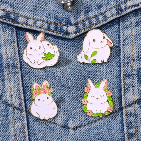 Broches De Esmalte De Conejo Blanco Lindo Aleación De Zinc Animal Decoración De Flores Accesorio Para Ropa Bolsos