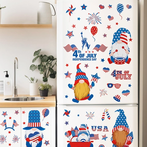 US Independence Day Gnomes Window Clings Patriotic Red White Blue Static PVC Stickers For Home Glass Office Decoration