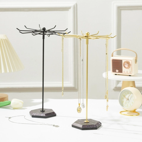Rotating Jewelry Display Rack Metal Hooks Marble Pattern Base Desktop Organizer For Necklaces Earrings Bracelets