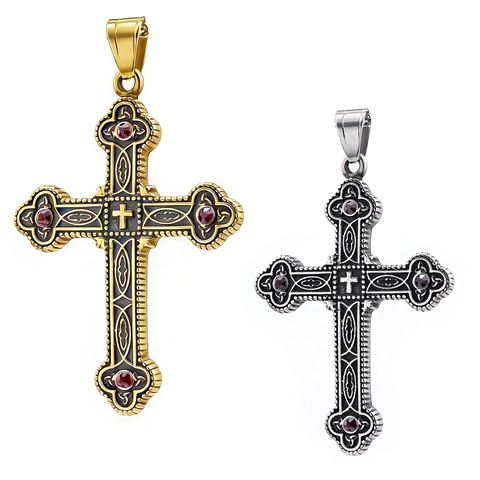 Wikinger Kreuz Anhänger Halskette Edelstahl Retro Gothic Religiöser Schmuck Mit Rotem Kristall Für Herren Damen