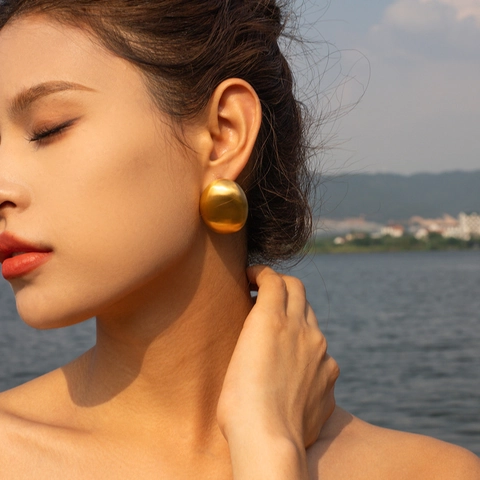 18K Gold Plated Stainless Steel Frosted Brushed Oval Stud Earrings For Women Minimalist Geometric Matte Egg Shaped Jewelry