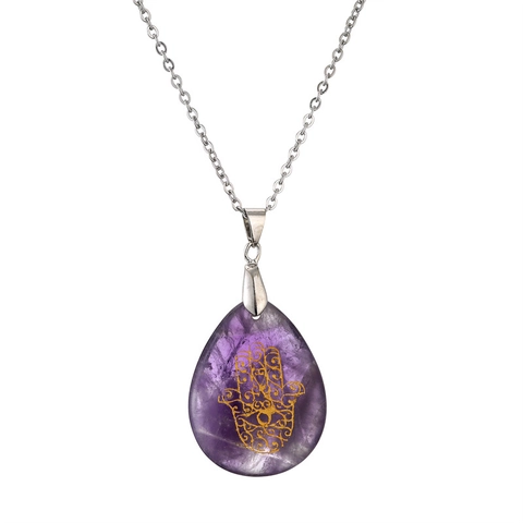 Hamsa Hand Anhänger Halskette Naturstein Amethyst Tigerauge Wassertropfen Fatima Palme Böser Blick Kupfer Retro Schmuck