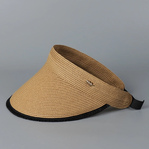 Women Sun Visor Straw Hat Foldable Open Top Wide Brim Tassel Edge Gold Leaf Decor Adjustable Summer Beach