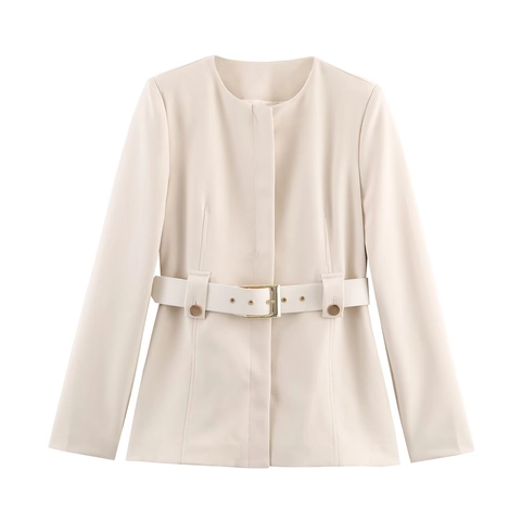 Mujer Beige Blazer Ajustado Con Cinturón Y Pantalones Campana Poliéster Manga Larga Cuello Redondo Atuendo De Oficina Profesional
