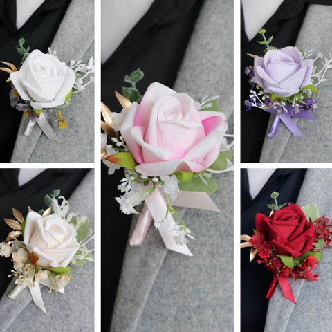 Hochzeit Künstliche Rose Boutonniere Handgelenk Corsage Satinnblume Handgemachte Blumendekor Für Trauzeugen Brautjungfer
