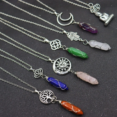 Vintage Alloy Crystal Hexagonal Column Pendant Necklace Moon Sun Tree Of Life Wire Wrapped Natural Stone Jewelry For Women