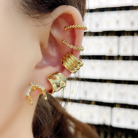 18K Gold Plated Copper Ear Cuffs For Women Zircon Geometric C Shape Non Piercing Clip On Adjustable Earrings