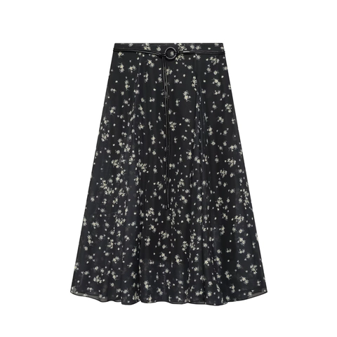 Daisy Print Floral A-Line Skirt Chiffon Polyester With Belt High Waist Pleated Midi Length Streetwear For Women