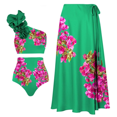 Donna Monospalla Volant Bikini Vita Alta Stampa Floreale Costume Da Bagno E Pareo Spiaggia Vacanze Moda