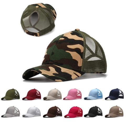 Women Ponytail Baseball Cap Criss Cross Elastic Back High Bun Mesh Trucker Hat Sun Protection Camouflage Solid Color Breathable Adjustable