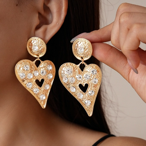 Orecchini A Goccia A Cuore In Lega E Strass Con Perno In Argento Sterling 925 Texture Martellata Cavo Grande Moda Retro Donna