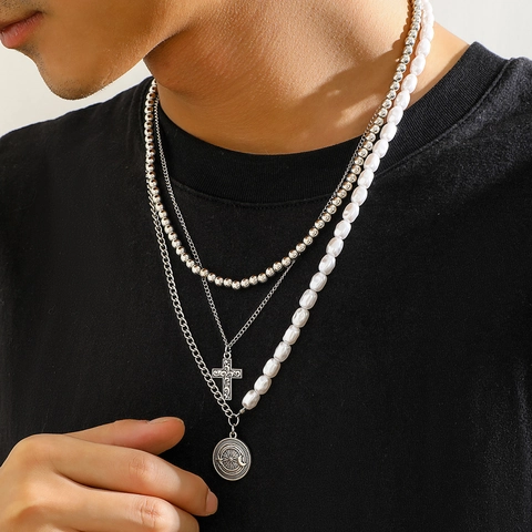 Multi-Layered Necklace For Men Alloy Faux Artificial Pearl Cross And Round Coin Pendants Beads Vintage Hip Hop Jewelry