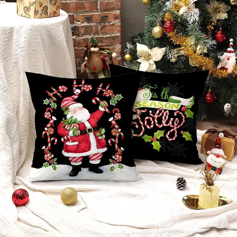 Kerst Kussenslopen Kerstman Zuurstok Prints Polyester Linnen Textuur Decoratieve Kussenhoezen Voor Bank Sofa Woonkamer