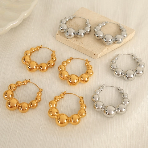 Orecchini a Cerchio con Perline Graduate in Acciaio al Titanio per Donna Minimalisti Geometrici Sfera Tonda Gioielli Accessori Moda