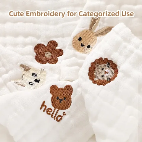 Baby Saliva Towels Multi-Layer Cotton Gauze Soft High Absorbent Embroidered Cartoon Animal Washcloths For Newborn Infants Toddlers