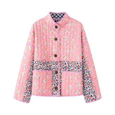 Giacca Trapuntata Reversibile Donna Floreale Quadri Patchwork Retrò Maniche Lunghe Collo Rotondo Bottoni Imbottita