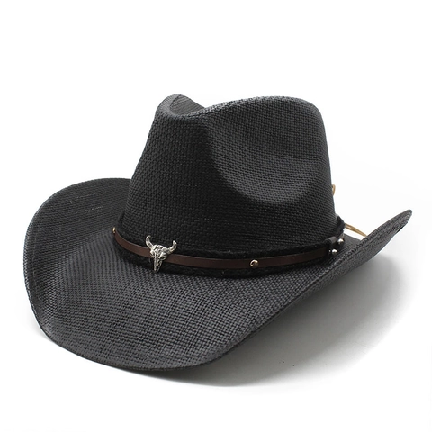Chapeau De Cow-Boy En Paille Western Vintage Papier Large Bord Protection Solaire Avec Décor Tête De Taureau