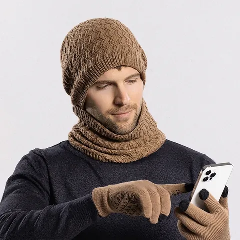 Herren Strickmütze Halswärmer Und Touchscreen Handschuhe Winter Thermo Fleece Gefüttert Wellenmuster Outdoor Sport Zubehör