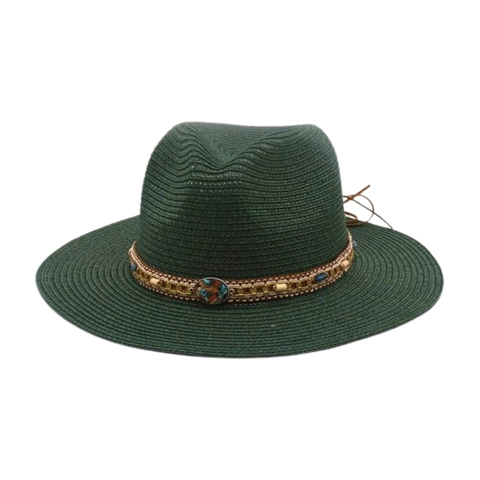 Fedora Straw Hat Wide Brim Sun Protection Summer Beach Bohemian Ethnic Beaded Band For Women