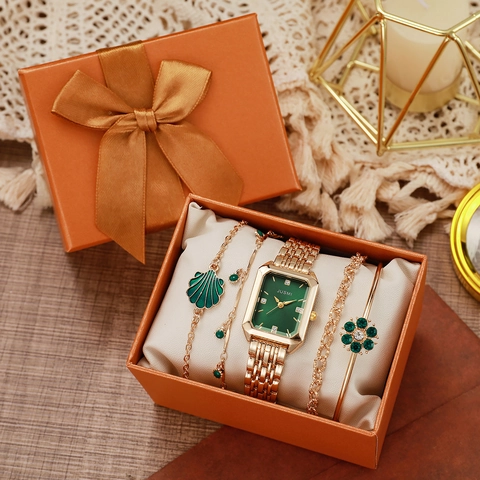 Women Elegant Quartz Watch And Bracelets Jewelry Gift Square Emerald Green Dial Gold Alloy Strap Rhinestone Flower Charms