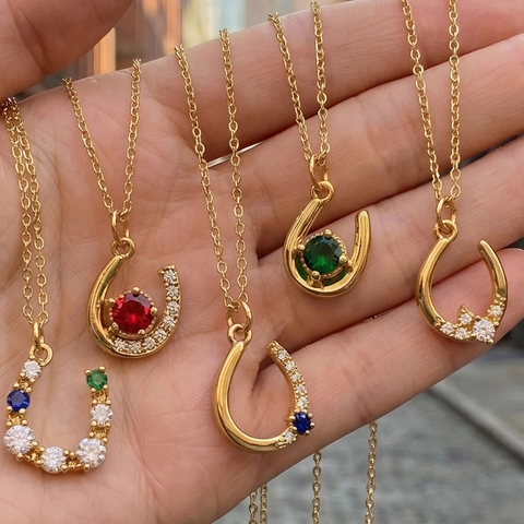 Fashion Copper Zirconia Horseshoe Pendant Necklace Elegant U-Shape Geometric Inlaid Gold Color Choker Jewelry For Women Daily Dating
