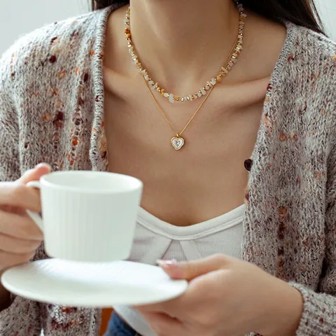 Minimalistische Messing 18K Vergulde Dubbele Laag Halsketting Voor Vrouwen Natuursteen Kralen Ketting Hart Schelp Hanger Halsketting Sieraden