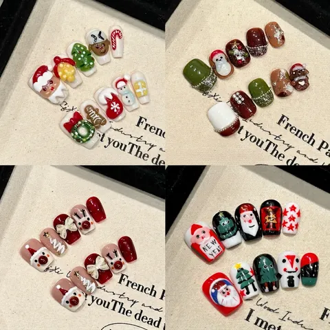 Unghie Finte Natalizie Fatte A Mano Rilievo 3D Resina Babbo Natale Pupazzo Di Neve Renna Strass Perla Artificial Squisita Festa Invernale Per Donne