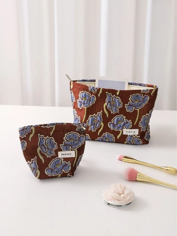 Vintage Floral Embroidery Cosmetic Bag Jacquard Fabric Portable Toiletry Pouch Large Capacity Travel Storage Organizer