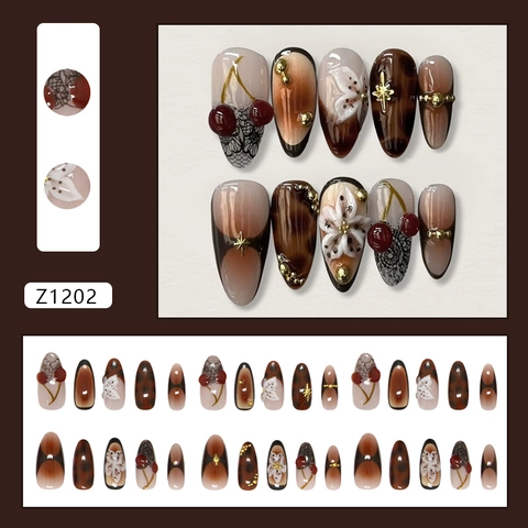 Retro Amber Press On Nails With 3D Cherry And Flower Designs Black Lace French Style Long Almond Artificial False Nails