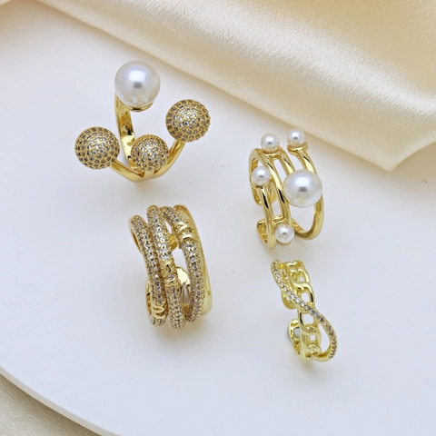 Gold Plated Brass Open Ring With Faux Artificial Pearl And Zircon Geometric Adjustable Layered Ball Design For Women