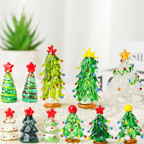 Mini Glass Christmas Tree Figurine Handmade Colorful Art Glass Tabletop Ornament For Festive Holiday Desktop Decor