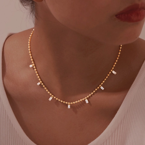 Collar De Cadena De Bolas De Acero Inoxidable Chapado En Oro Con Dijes De Strass Rectangulares Para Mujer Joyería Geométrica