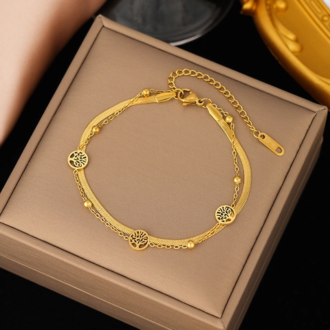 Double Layer Stainless Steel Bracelet Women Tree Of Life Pendant Snake Ball Chain Fashion Jewelry Tarnish Resistant Adjustable