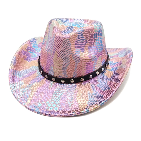 Cappello Da Cowboy Occidentale Motivo Serpente Olografico Lucentezza Metallica Tesa Larga Cintura Con Borchie Per Festa