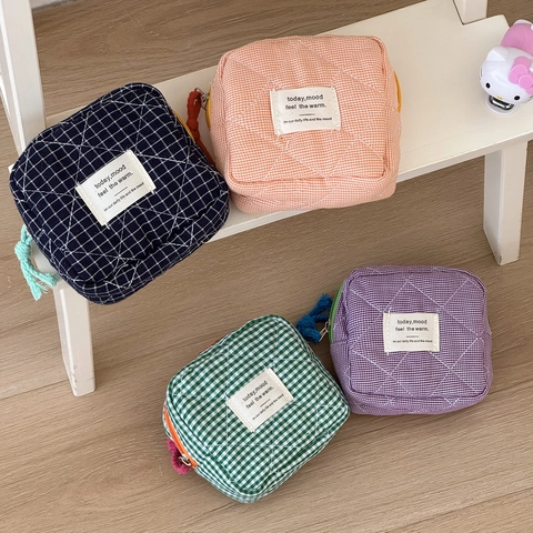 Quilted Cotton Checkered Mini Storage Bag Portable Zipper Square Sanitary Napkin Pouch Gingham Small Cosmetic Coin Wallet