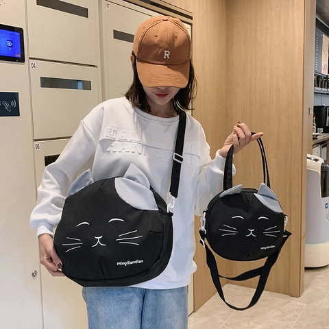 Cute Cartoon Cat Shape Shoulder Bag Nylon Canvas Crossbody Handbag For Women Girls Casual Daily Travel Top Handle