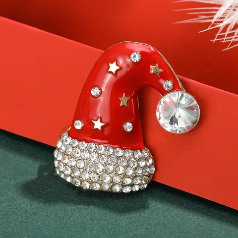 Spilla Cappello Di Natale Smalto Rosso Lega Strass Bianchi Gioielli Festivi Accessorio Per Uomini Donne